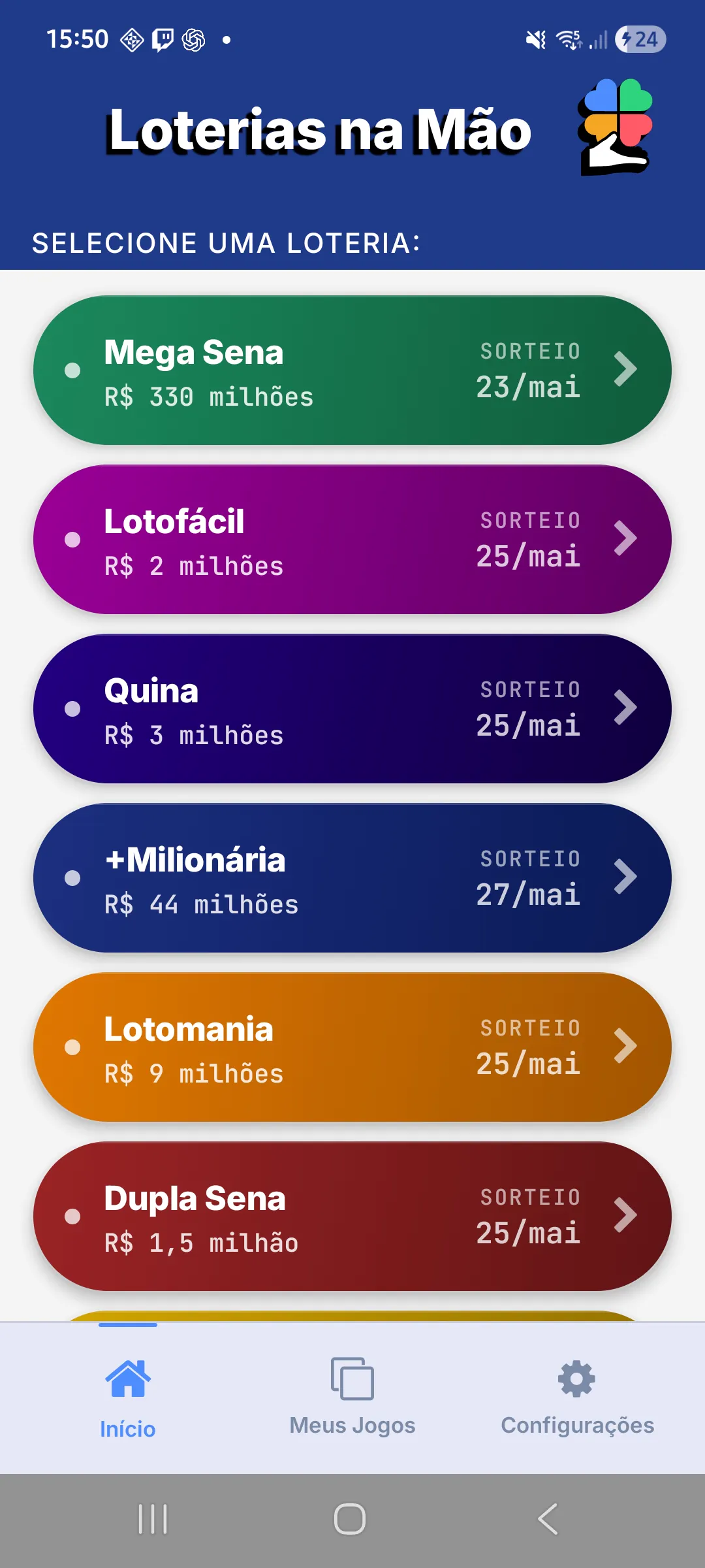 Tela principal do app exibindo modalidades de loteria