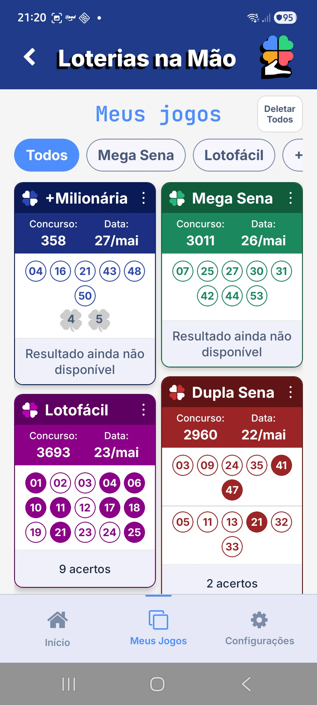 Tela para organizar e acompanhar seus jogos