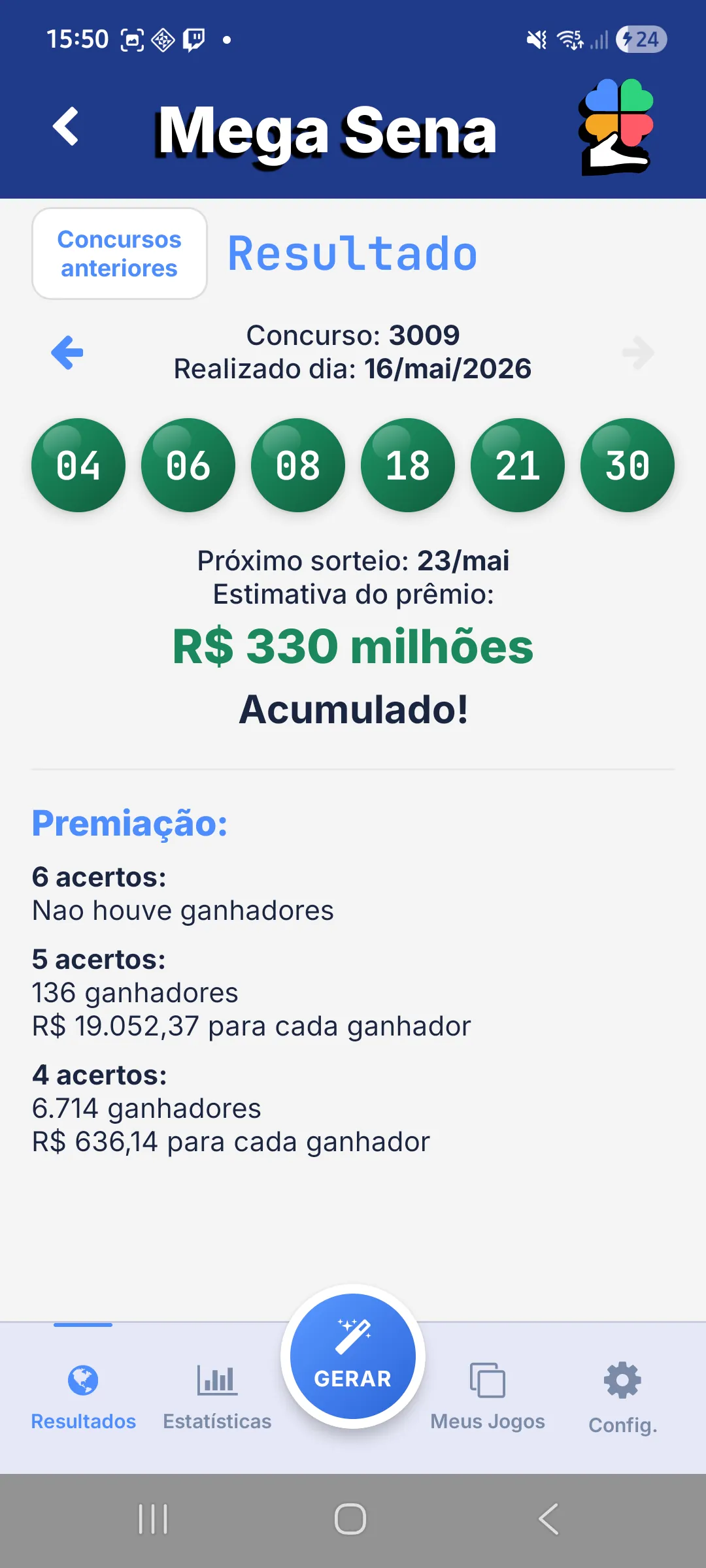 Tela de resultados e conferência de jogos